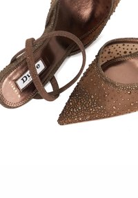 Brown satin high heels with pointed toes, embellished with brown beads. The design features a crisscross strap and a glossy finish inside.