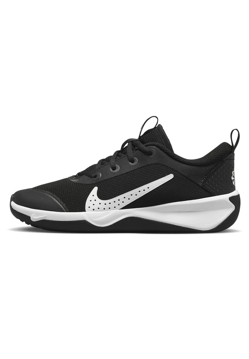 Black athletic shoe with a mesh upper, white swoosh logo, and a textured rubber sole. Features laces and a pull tab on the heel.
