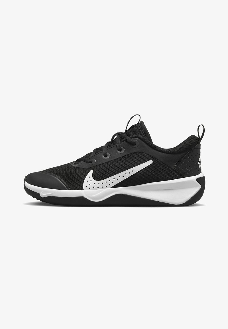Black athletic shoe with a mesh upper, white swoosh logo, and a textured rubber sole. Features laces and a pull tab on the heel.
