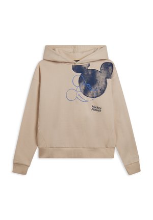 Sudadera beige con un gran gráfico de Mickey Mouse en azul, de forma redondeada, textura suave y puños y dobladillo acanalados.