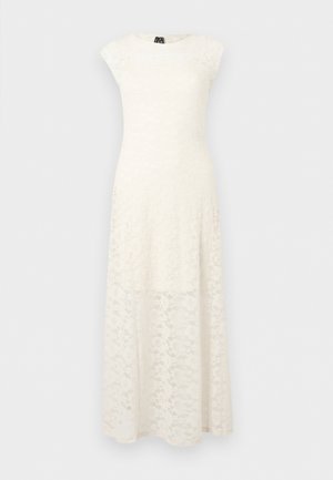 Λευκό midi φόρεμα από δαντέλα χωρίς μανίκια με εφαρμοστή μπούστα και στρογγυλή λαιμόκοψη, με λουλουδάτα σχέδια σε όλο το ύφασμα.