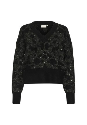 Schwarzer Strickpullover mit V-Ausschnitt und langen Ärmeln, der ein schimmerndes, strukturiertes Muster in verschiedenen Grautönen und silbernen Akzenten aufweist.