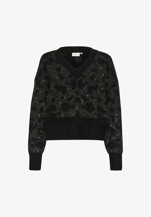 Schwarzer Strickpullover mit V-Ausschnitt und langen Ärmeln, der ein schimmerndes, strukturiertes Muster in verschiedenen Grautönen und silbernen Akzenten aufweist.