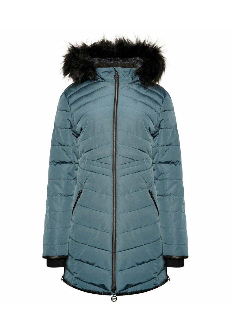 Gestepptes, türkisfarbenes Winterjackett mit abnehmbarer schwarzer Kunstfellkapuze, Reißverschluss vorne, seitlichen Taschen und gerippten Bündchen. Horizontales Steppmuster.