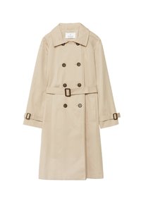 Beige double-breasted trench coat with a belt, button details, and two side pockets. Features a classic collar and adjustable sleeve straps.