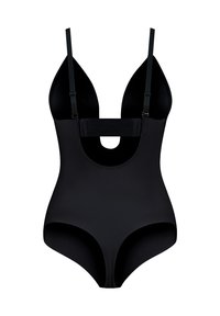 Zwarte ééndelige badpak met een diepe V-hals, verstelbare schouderbanden, brede onder-bust band en uitsnijdingen op de torso.