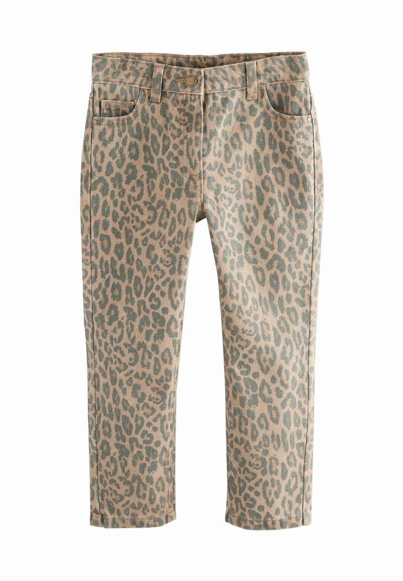 Beiga denimbyxor med ett grönt leopardsmönster, med standardfickor, en midja med bältesömmar och raka ben.