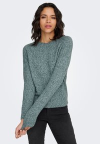 Žalias megztas megztinis su apvaliu kaklu ir ilgomis rankovėmis. Turi žalius raištelius rankogaliuose ir apačioje. Dėvimas su juodomis kelnėmis. Lygios tekstūros.