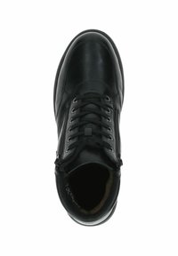 Zapato de cuero negro con puntera redondeada, cierre de cordones en la parte delantera y detalle de cremallera en el lateral. Acabado texturizado con un suave forro interior.