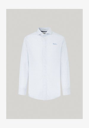 Jasnoniebieska koszula z długim rękawem z subtelną teksturą wzoru. Posiada spiczasty kołnierzyk i zapięcie na guziki, z małym logo na piersi.