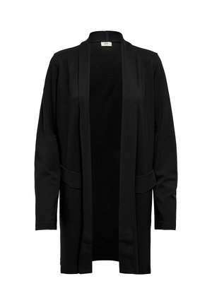 Musta, avoin edestä oleva neuletakki, jossa on pitkät hihat ja kaksi etutaskua, valmistettu pehmeästä kankaasta ja rento istuvuus.