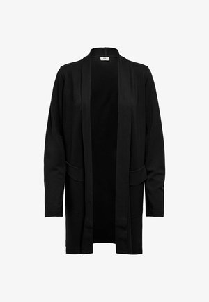 Musta, avoin edestä oleva neuletakki, jossa on pitkät hihat ja kaksi etutaskua, valmistettu pehmeästä kankaasta ja rento istuvuus.