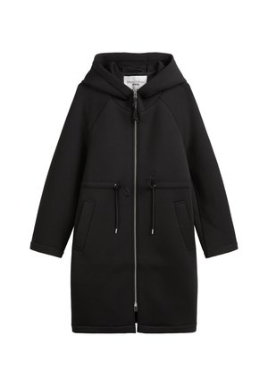 Veste à capuche noire en tissu lisse, dotée d'un zip sur le devant, de deux grandes poches, d'un cordon de serrage réglable et de poignets élastiques.