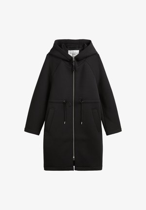 Schwarze Kapuzenjacke aus glattem Stoff, mit einem Reißverschluss vorne, zwei großen Taschen, verstellbarem Kordelzug und elastischen Bündchen.