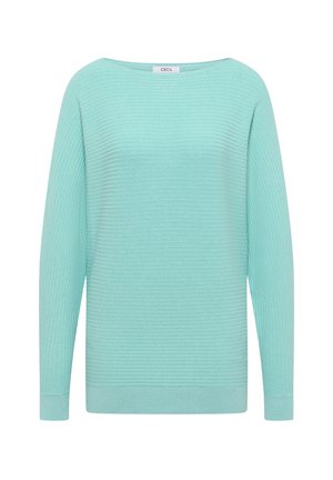 Lichtblauwe ribbeltrui met lange mouwen, brede halslijn en een ontspannen pasvorm. Gemaakt van zacht materiaal met een gladde textuur.