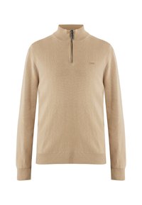 Beige pletený svetr s vysokým límcem a zapínáním na půl zip. Obsahuje žebrované manžety a lem, měkkou texturu s hladkým povrchem.