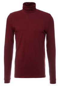Bordowa, gładka koszulka z długim rękawem i golfem, o dopasowanym kroju, z prążkowaną lamówką przy szyi.