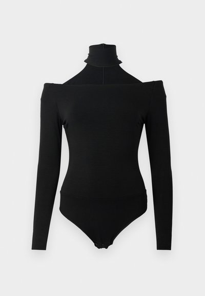 Black long-sleeve bodysuit with off-shoulder neckline and high turtleneck collar, featuring snap closures at the crotch.