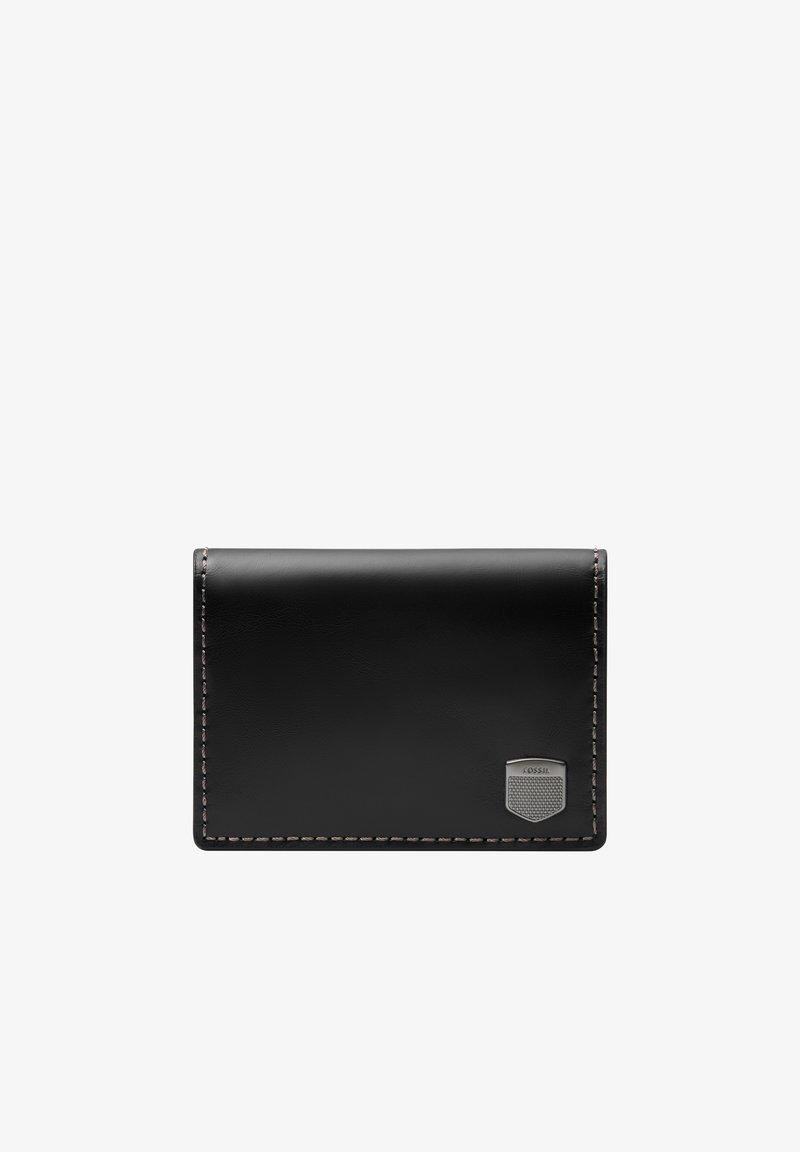 Portefeuille en cuir noir avec une texture lisse, de forme rectangulaire, avec des coutures beiges contrastantes et un accent de marque métallique sur le devant.