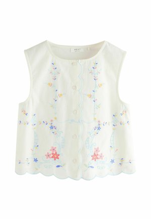 White sleeveless blouse with front buttons, scalloped hem, and pastel floral embroidery in pink, blue, yellow, and green.