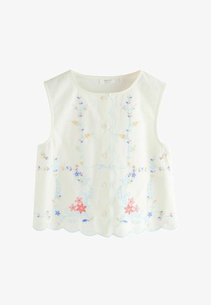 Weiße ärmellose Bluse mit vorderen Knöpfen, wellenförmigem Saum und pastellfarbener Blumenstickerei in Rosa, Blau, Gelb und Grün.
