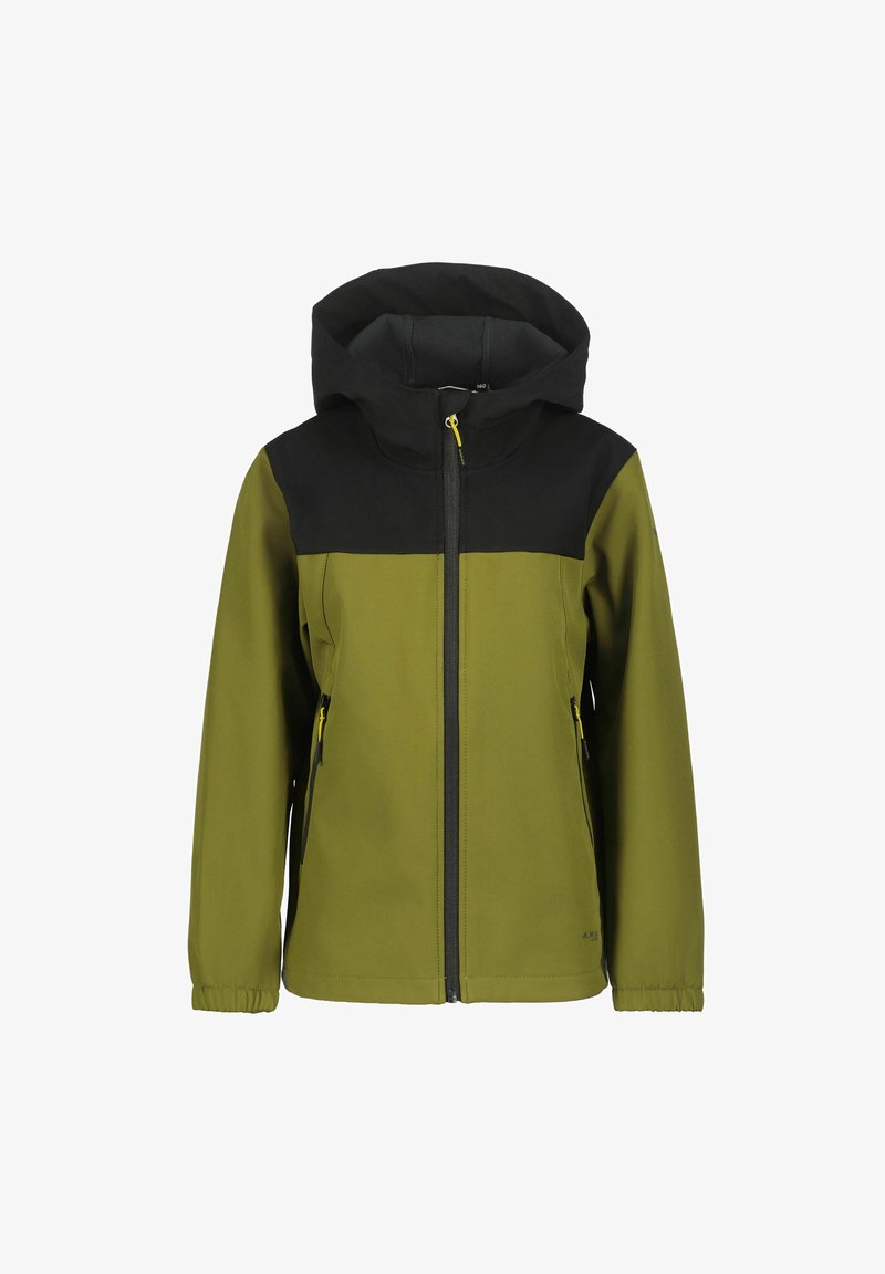 Grøn og sort jakke med hætte, lynlås foran og to lynlåslommer på siden. Har elastiske manchetter og et glat, slidstærkt stof.