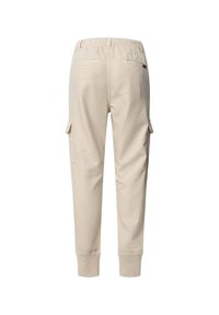 Beige cargo kalhoty s elastickým pasem, zúženými manžetami, dvěma bočními kapsami a dvěma zadními kapsami, vyrobené z hladkého, odolného materiálu.