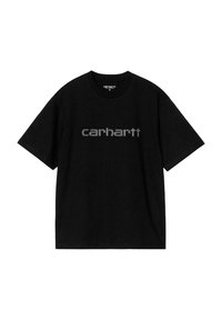 Camiseta de algodón negra con mangas cortas y cuello redondo, con el logo "carhartt" en un color claro contrastante en el pecho.