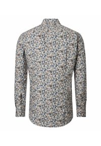 Langsleeve knoopshirt met een dichte beige, witte en grijze bloempatroon, van achteren weergegeven tegen een witte achtergrond.