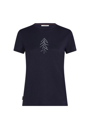 Navy blue short-sleeve t-shirt made of cotton, featuring a white embroidered tree design on the front, with a label on the side.