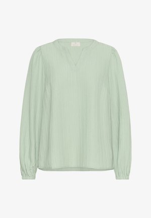 Lys grøn bluse med V-hals, lange ærmer og sammenrullede manchetter. Textureret stof med lodrette striber og en afslappet pasform.