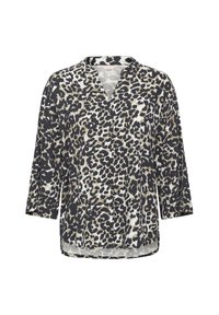 Leopardenmusterbluse in Schwarz, Beige und Creme; leichtes Material, V-Ausschnitt, 3/4-Ärmel, mit lockerer Passform und Seitenschlitzen am Saum.
