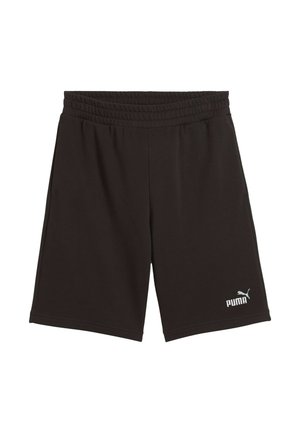 Black Puma athletic shorts with elastic waistband and side pockets, featuring the Puma logo on the lower left leg.