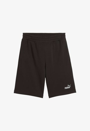 Black Puma athletic shorts with elastic waistband and side pockets, featuring the Puma logo on the lower left leg.