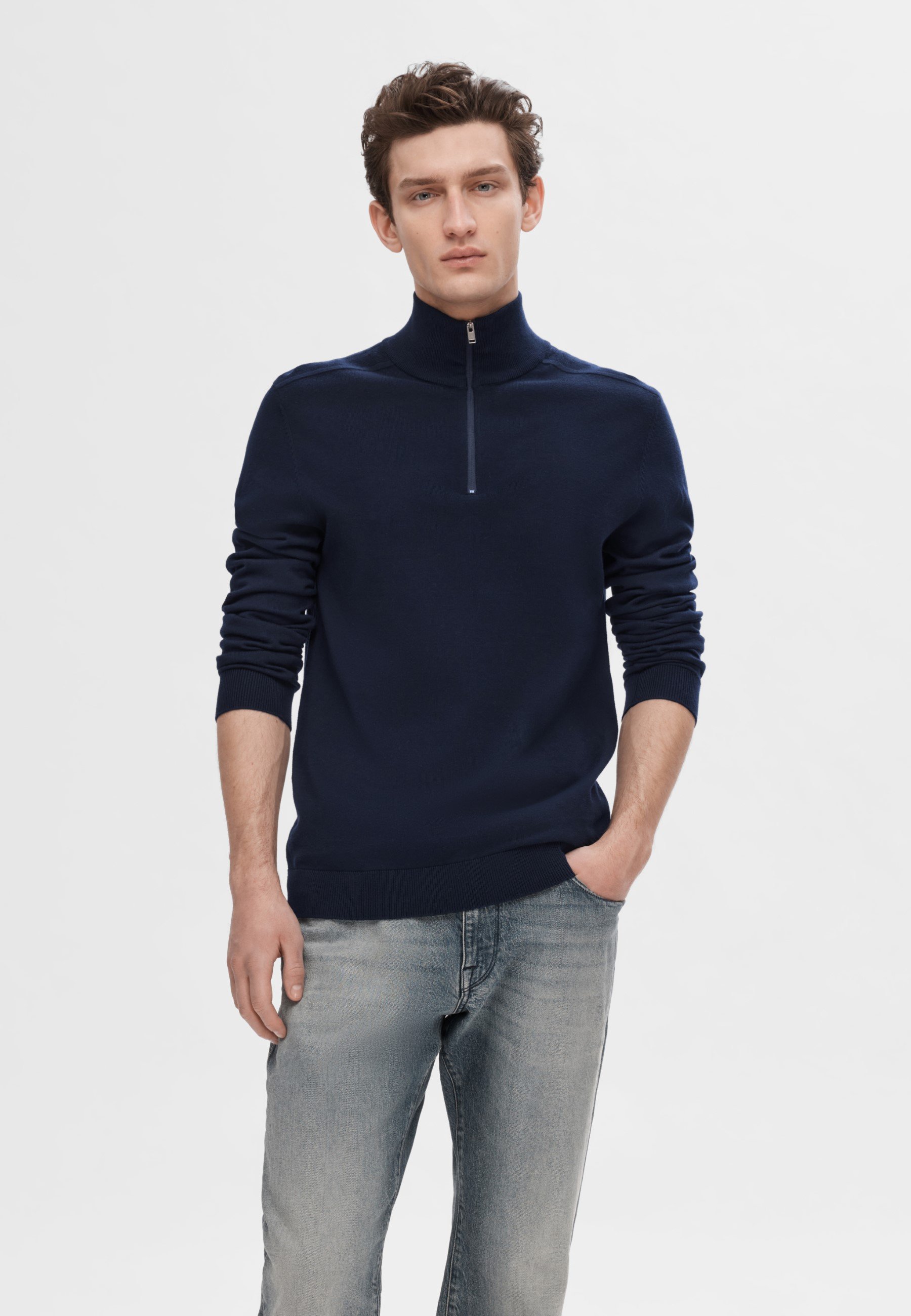 Pull Keaton Col Zippé homme en coton cachemire Bleu nuit – Vicomte A