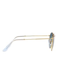 Occhiali da sole in metallo dorato con lenti blu, design a ponte doppio, naselli regolabili e punte delle aste in plastica trasparente.