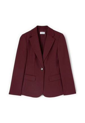 Blazer bordeaux su misura da donna con rever a lancia, chiusura con un solo bottone e due tasche anteriori con patta su sfondo bianco.