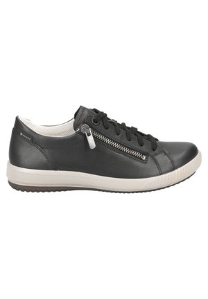 Black leather sneaker with gray sole, featuring laces and a side zipper. Smooth texture with minimal stitching and a low-profile design.