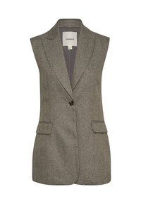 Šedý bezrukávový blazer s texturovaným vzorem, zapínání na jeden knoflík a dvěma předními kapsami. Podšívka s klasikou límce.