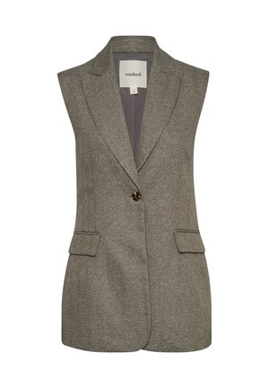 Šedý bezrukávový blazer s texturovaným vzorem, zapínání na jeden knoflík a dvěma předními kapsami. Podšívka s klasikou límce.