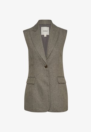 Pilkos be rankovių švarko su tekstūriniu raštu, vienu mygtuku užsegimu ir dviem priekinėmis kišenėmis. Pamušalas su klasikiniu apykaklės dizainu.