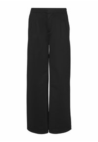 Czarne spodnie o szerokich nogawkach, wykonane z gładkiego, lekkiego materiału. Posiadają dopasowany pas, fałdy z przodu oraz brak widocznych elementów metalowych.
