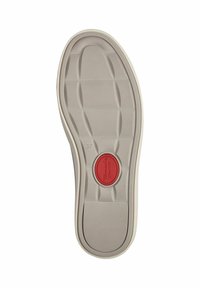 Semelle de chaussure en caoutchouc blanche avec surface texturée, bouton de confort central rouge et design contourné. Taille 37 indiquée sur le bord.