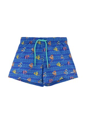Bañador corto para hombre azul con estampado de peces tropicales de colores y cintura con cordón turquesa sobre fondo blanco.