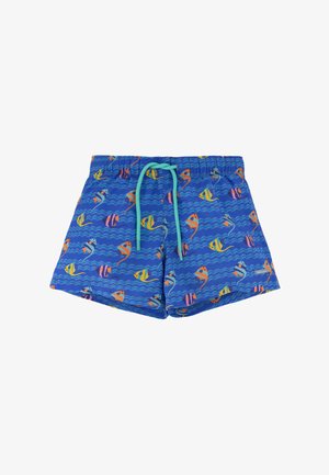 Bañador corto para hombre azul con estampado de peces tropicales de colores y cintura con cordón turquesa sobre fondo blanco.