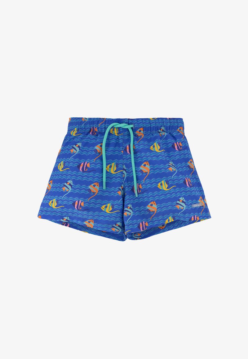 Bañador corto para hombre azul con estampado de peces tropicales de colores y cintura con cordón turquesa sobre fondo blanco.