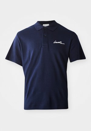 Navy blue polo shirt made of soft fabric, featuring a classic collar, two buttons, and a white embroidered logo on the left chest.