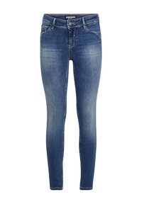 Schmale Jeans aus mittelblauem Denim, mit einem leicht verwaschenen Vorderteil, fünf Taschen und einem Knopfverschluss mit metallischem Akzent.