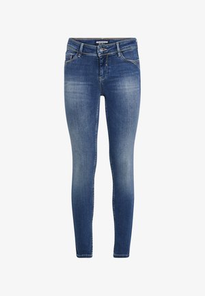 Schmale Jeans aus mittelblauem Denim, mit einem leicht verwaschenen Vorderteil, fünf Taschen und einem Knopfverschluss mit metallischem Akzent.