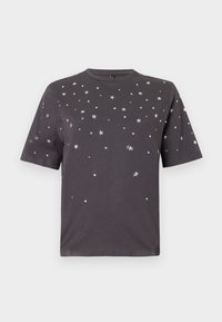 Mørkegrå kortærmet t-shirt med spredte små sølvstjerne- og prikdekoreringer over forsiden og ærmerne.
